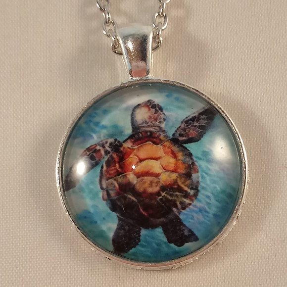 Silver Sea Turtle Cabochon Pendant Chain Necklace Gift - Picture 1 of 3